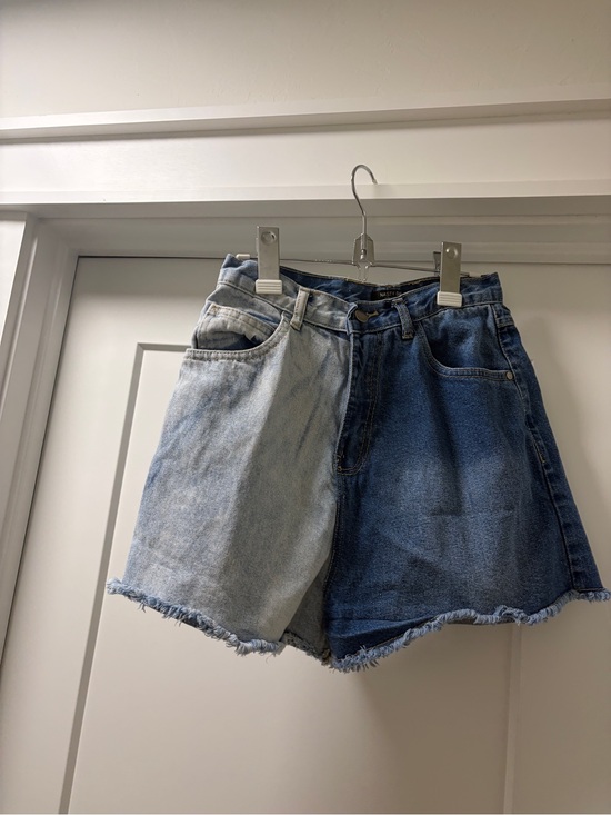 Nasty Gal Pants - Nasty Gal Two-Tone Denim Shorts - Light Blue & Dark Blue
